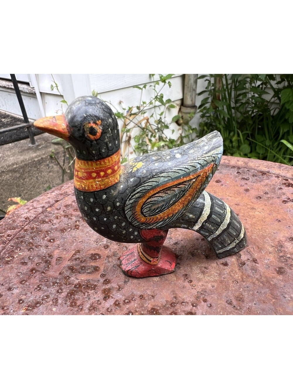 Vintage Small Wooden Idol Hand Carved Colorful Painted Folk Art Bird Figurine